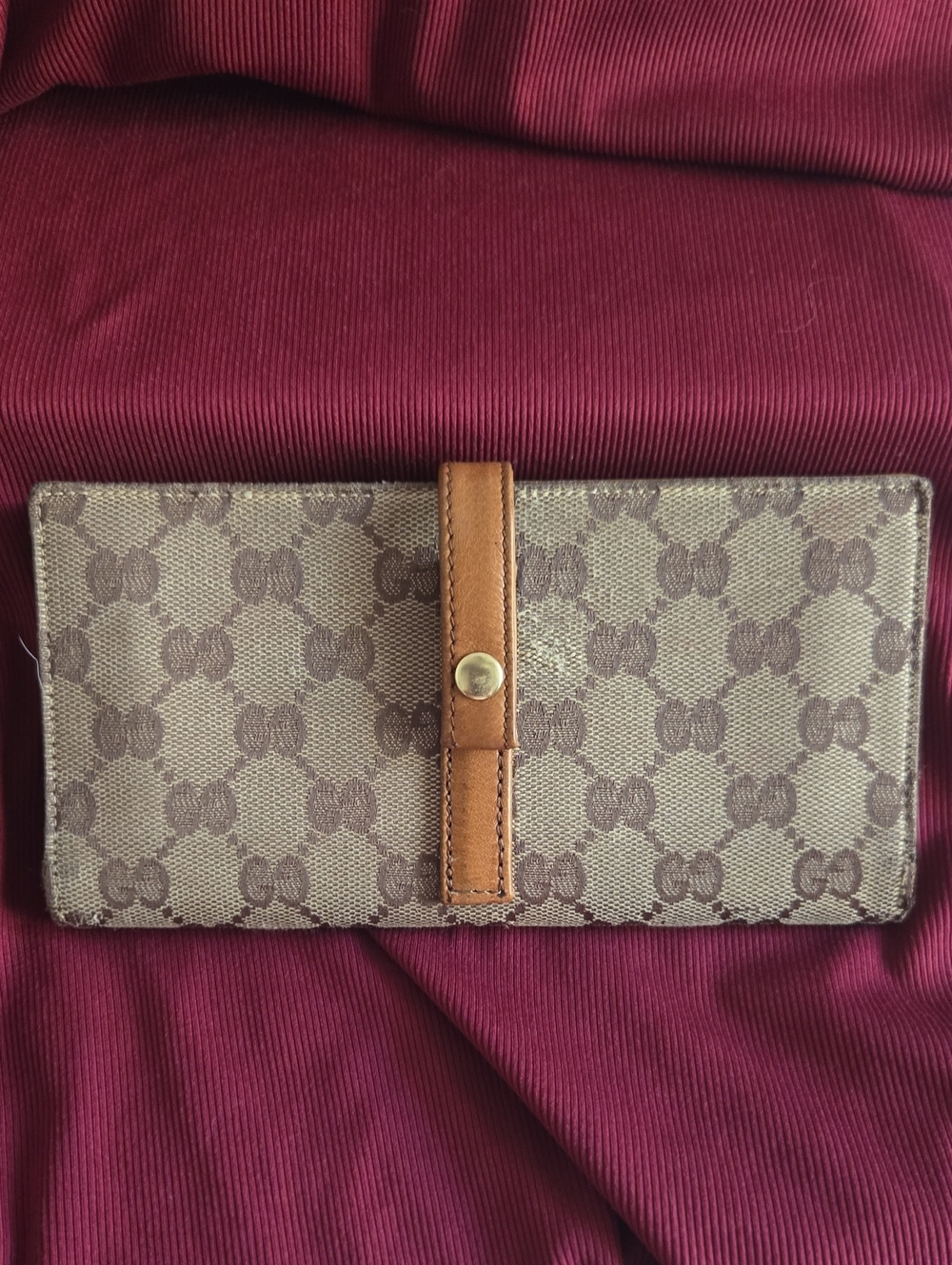 Gucci Beige Monogram Canvas Long Wallet with Tan Leather Strap
